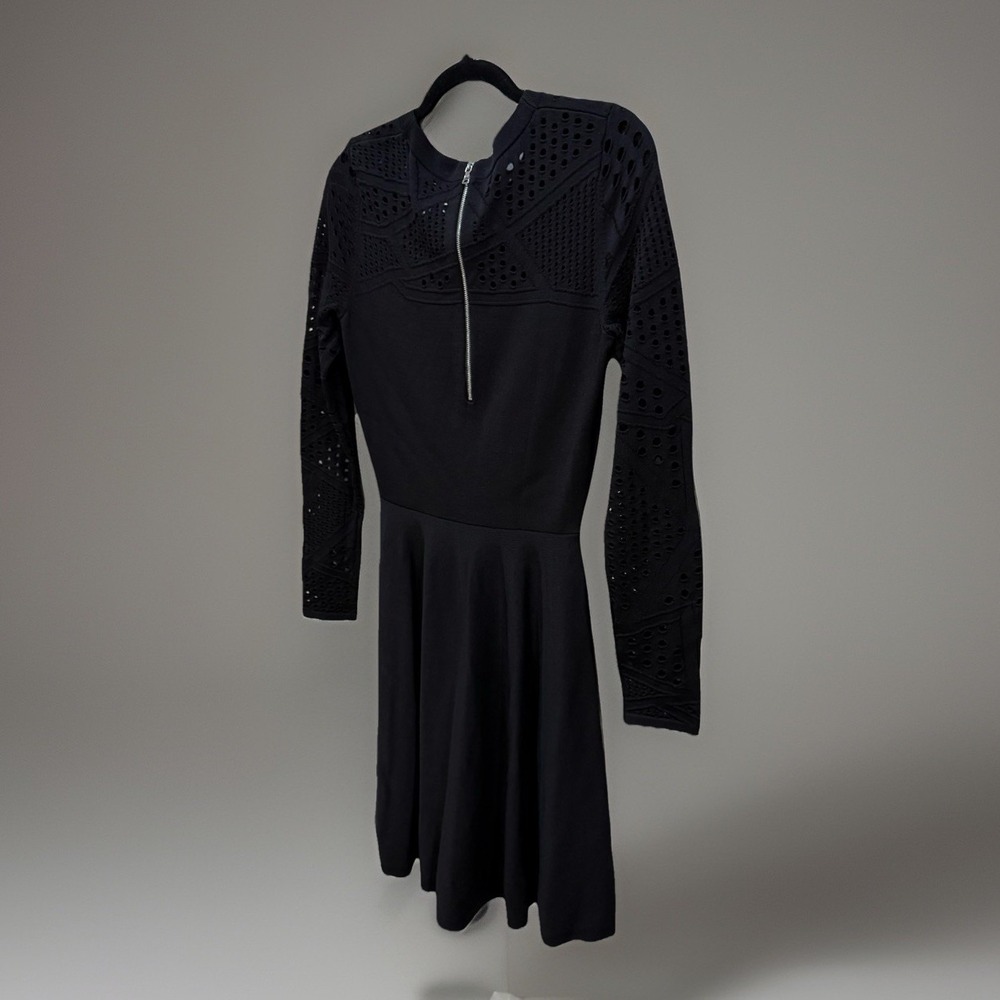 Milly Pointelle Fit & Flare Black Long Sleeve Knit Dress Sz P Romantic Feminine - Picture 6 of 10